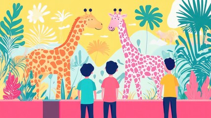 Friends Visiting Colorful Zoo Exhibit for Wildlife Observation with Flat Design