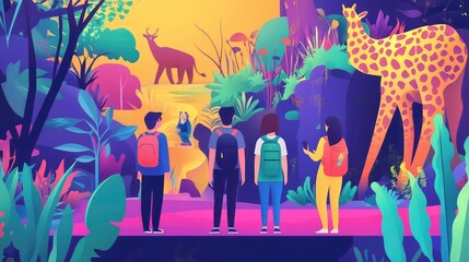 Friends Visiting Colorful Zoo Exhibit for Wildlife Observation with Flat Design