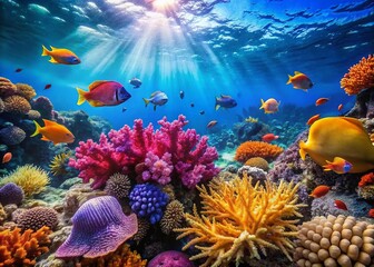 Naklejka premium Vibrant Coral Reef Minimalist Underwater Scene: Colorful Ocean Life Generative AI Stock Photo