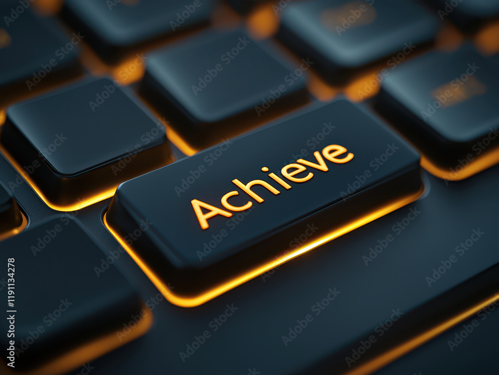 Poster e-coaching concept. inspirational keyboard key displaying the word achieve with glowing details in a