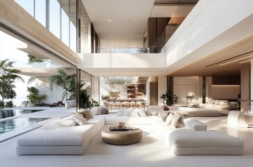 Fototapeta premium Stunning living room of a luxury house with a sea view, featuring large windows overlooking the ocean