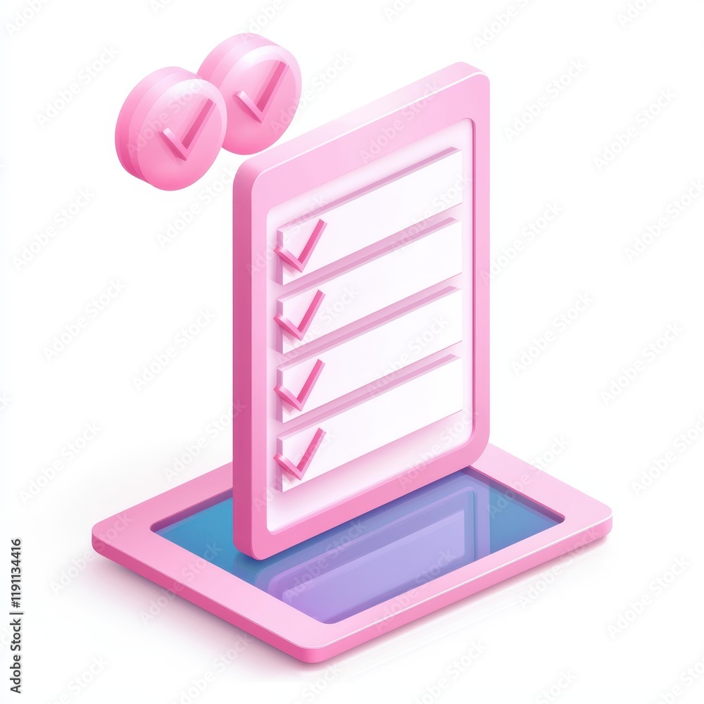Poster e-coaching concept. 3d isometric illustration of checklist with checkmarks on tablet device in pink 