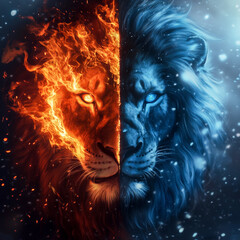 A striking digital illustration of a lion split into fiery flames and icy frost, symbolizing opposing forces and balance.
