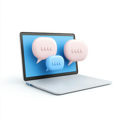 E-Coaching concept. Colorful speech bubbles emerging from a laptop screen, representing digital communication and online interaction