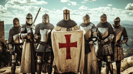 Historic Knights in Armor with Cross Shield on Mountain Vista