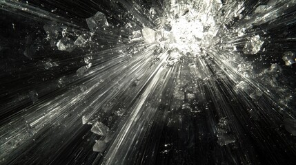 Dynamic light burst through shattered glass.