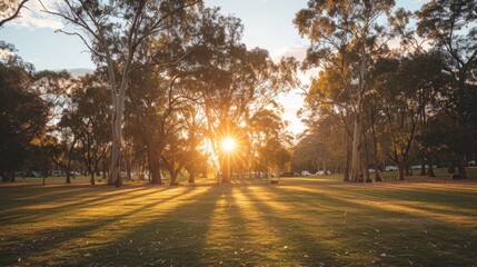 Fototapeta premium Pristine grass lawn with diverse trees and scenic sky ideal for vacant campsite or park space