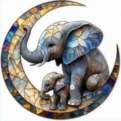 Obraz premium Artistic stained glass depiction of two elephants sitting on a crescent moon, featuring vibrant blue and gold tones. 