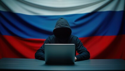 Person in dark hoodie uses laptop near Russian flag. Person likely hacker involved in cybercrime. Possible online threat cyber espionage. Scene suggests illegal digital activity. Focus on tech,