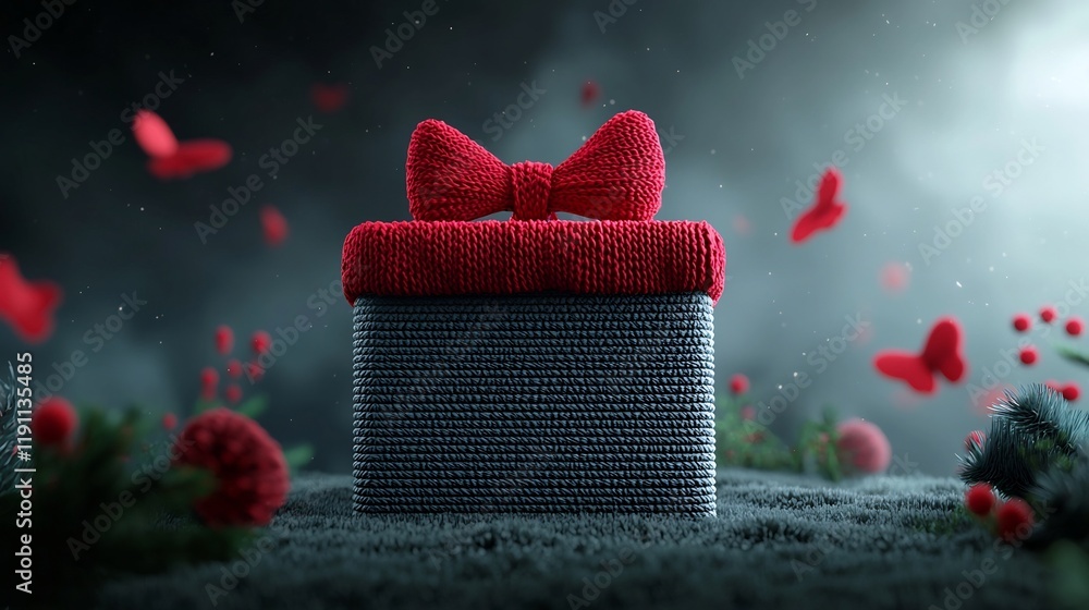 Poster whimsical stylized 3d of a closed present box with a vivid red bow adorning the top rendered with an