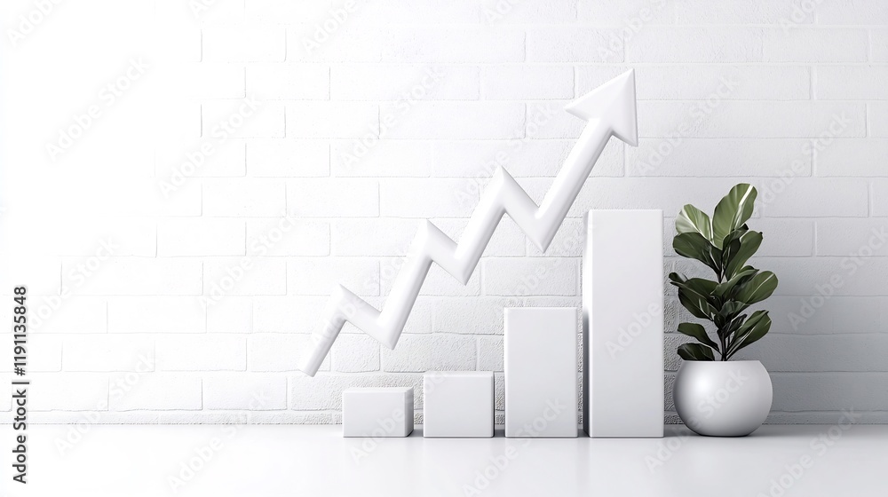 Poster sleek financial graph with ascending arrow in minimalist white studio setting depicting thriving eco