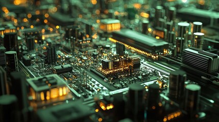 Obraz premium Futuristic Cityscape with Glowing Lights and Circuit Board Design
