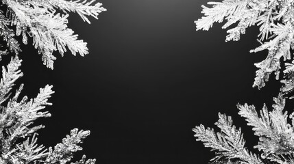 Frosty pattern frame on a black background. Winter overlay design with place for text. Frost on the glass, freezing effect. Christmas crystals concept copy space banner.