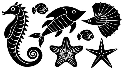 Black & White Marine Life Silhouettes – Minimalist Nautical Vector Icons & Coastal Motifs