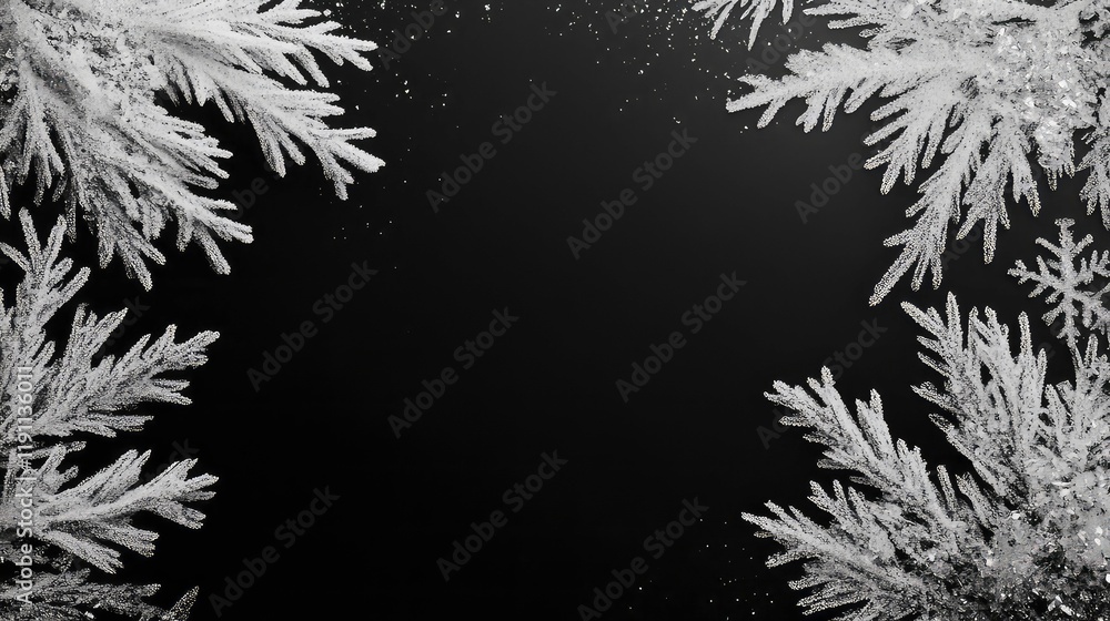 Poster frosty pattern frame on a black background. winter overlay design with place for text. frost on the 