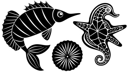 Black & White Marine Life Silhouettes – Minimalist Nautical Vector Icons & Coastal Motifs
