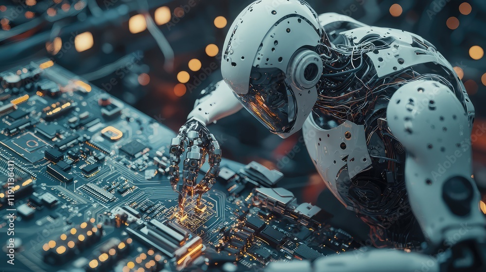 Poster detailed close-up of robot interacting with circuit board components