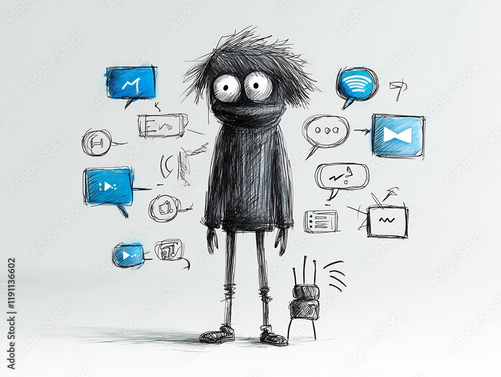 Poster conceptual depicting a hand drawn abstract user figure in a moody blue and gray color palette surrou