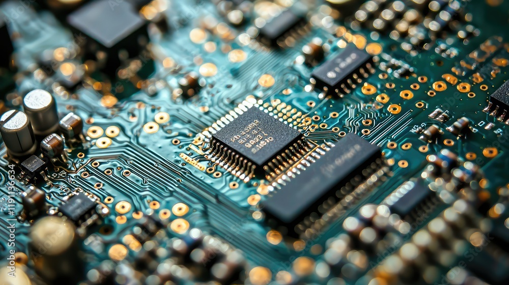 Aufkleber close-up view of electronic circuit board with microchips and components