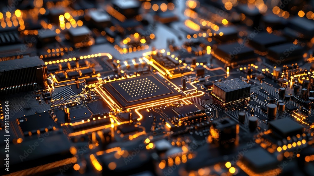 Poster close-up view of a complex circuit board with glowing connections