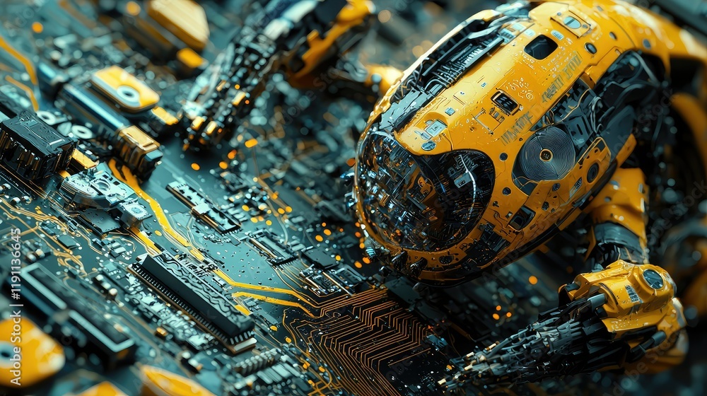 Poster futuristic robot exploring circuit board with intricate details