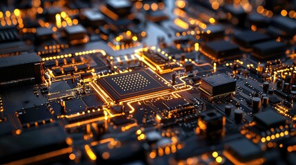 Close-Up View of a Complex Circuit Board with Glowing Connections