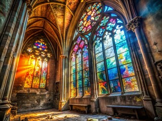 Vibrant Gothic Cathedral Stained Glass Window, Urban Exploration Photography