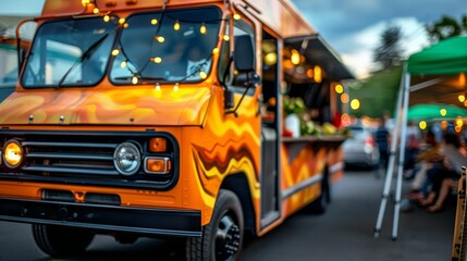 Fototapeta premium Vibrant food truck experience at city festival with selective focus on culinary delights