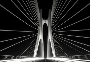 Black and white bridge with light streaks at night