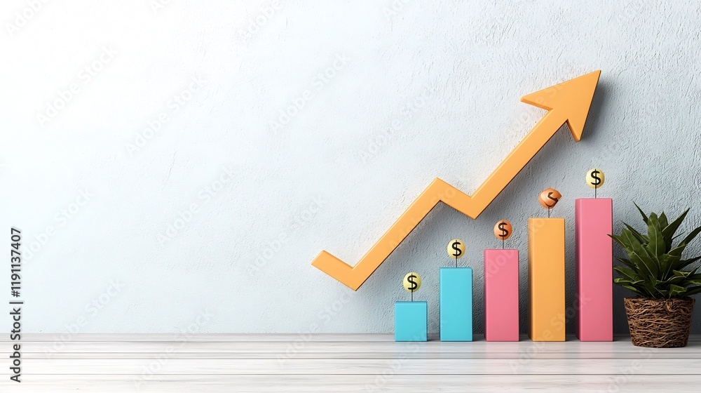 Poster vibrant and clean financial growth chart with an upward trending arrow and data points symbolizing r