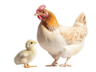 Fototapeta premium Hen and Chick Side View isolated on white or transparent background, png clipart, design element