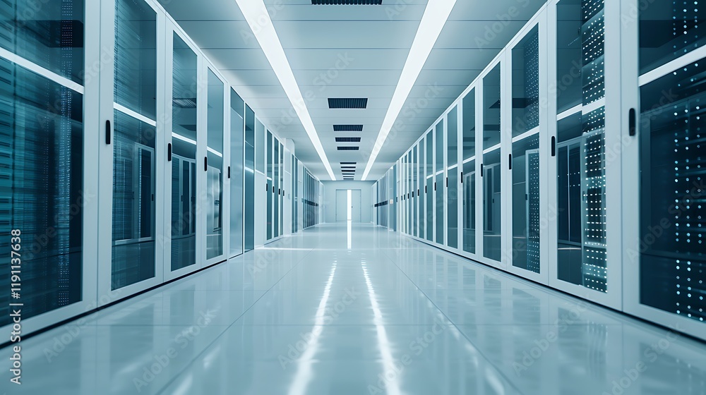 Poster clean, modern server room with rows of data racks behind glass doors. bright, illuminated corridor i