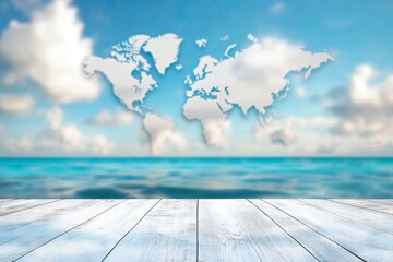 Obraz premium World water day concept: White wooden table with blue ocean and blur world map of clouds background 