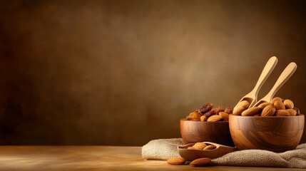 A rustic display of almonds in wooden bowls, evoking a natural and healthy lifestyle.