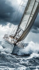 Obraz premium Sailing Yacht Navigating Through Stormy Seas with Dramatic Skies
