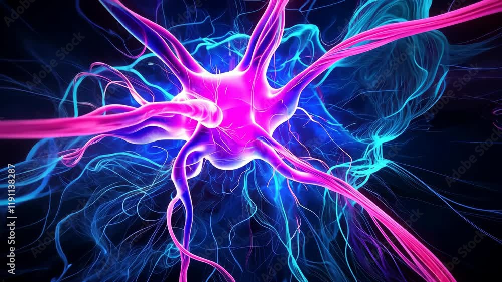 Poster vibrant digital illustration of neuron with glowing pink and blue tendrils showcasing complexity and