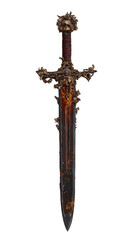Old rusty fantasy warrior sword with uneven edges and visible wear. The unique design, with corrosion and scuffs, creates an ancient and epic atmosphere. White background emphasizes its details.	
