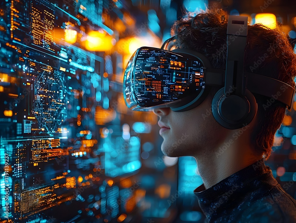 Poster virtual reality design lab with scientist experimenting architectural modeling and futuristic hologr