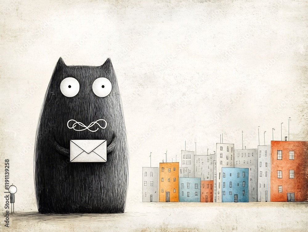 Poster whimsical doodle character with envelope icon navigating an intertwined network of communication mar