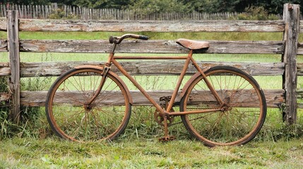 Fototapeta premium Vintage Rusty Bicycle Against Wooden Fence in Rural Setting