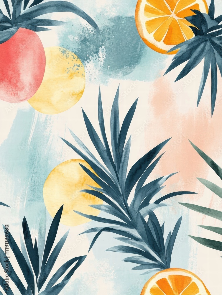 Poster Colorful watercolor pineapple and citrus pattern with vibrant tropical elements on a soft background. Generative AI