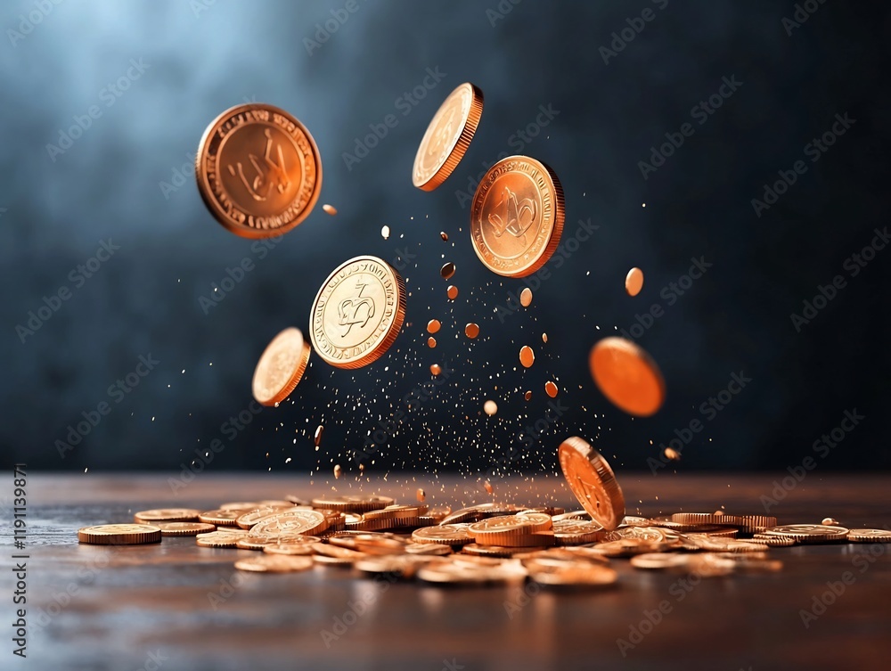 Poster cascading treasure dozens of lustrous golden coins raining down in a shimmering cascade across a smo