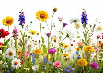 Vibrant Meadow Wildflowers Isolated on White Background - Spring Floral Set