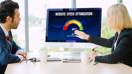 Computer software evaluating website loading speed. Concept of improving website loading speed snugly.