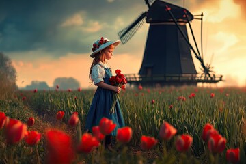 A cute little girl in traditional Dutch costume stands among the tulip fields of The Netherlands