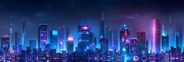 Fototapeta premium Futuristic cityscape skyline at night with neon lights. Vibrant urban scene with glowing skyscrapers and reflections. Modern, technological, and dynamic.