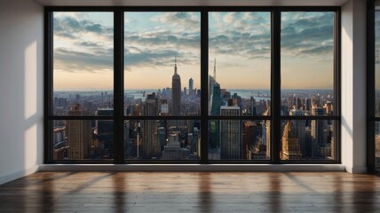 Stunning Urban Living Room View with Modern Aesthetic, Showcasing Breathtaking City Skyline Through Expansive Floor-to-Ceiling Windows in a Cozy