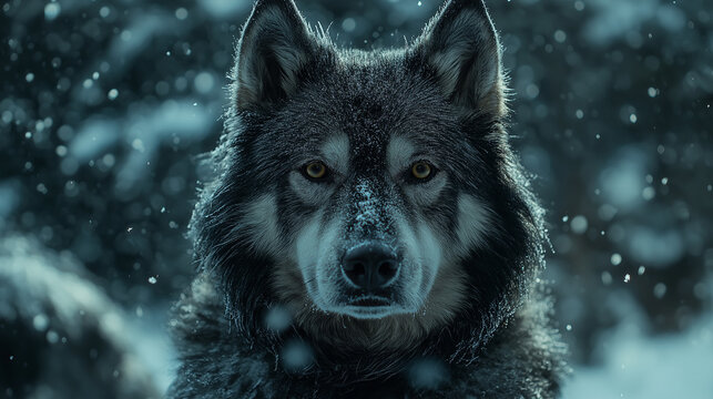 Close-Up of Sled Dogs: A close-up of a lead dog from the team, its breath visible in the cold air, with frost on its fur and snow-covered terrain in the background. 