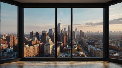 Stunning Urban Living Room View with Modern Aesthetic, Showcasing Breathtaking City Skyline Through Expansive Floor-to-Ceiling Windows in a Cozy