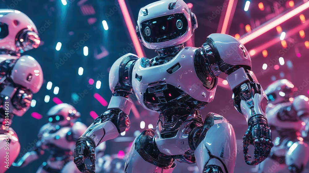 Poster futuristic robot performing in a high-tech stage environment
